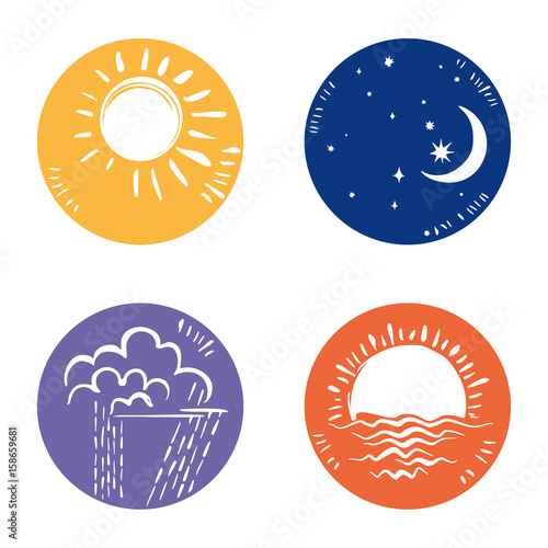 Four round vector weather icons and time of day.