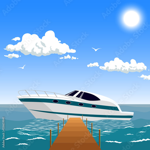 Luxury white sport yacht near the wooden pier