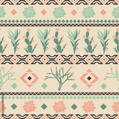 Sempervivum, Haworthia, Opuntia, Hatiora. Seamless pattern with cacti, succulents and geometric shapes in the form of a rhombus, triangles. Vector illustration.