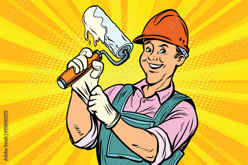 Construction worker with roller for paint