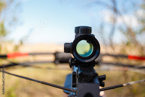 Slika na platnu Optical sight crossbow aiming from the first person on the background of the lake