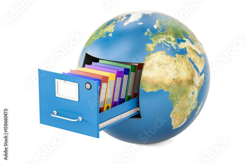 Global data storage. Earth globe with folders in filing cabinet  3D rendering isolated on white background