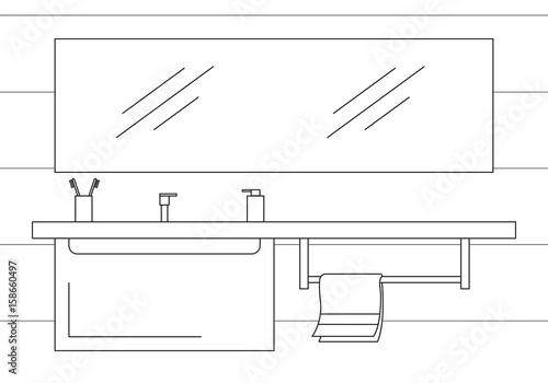 Part of the bathroom. Mirror, top and hanging cupboard. Vector illustration in a linear style.