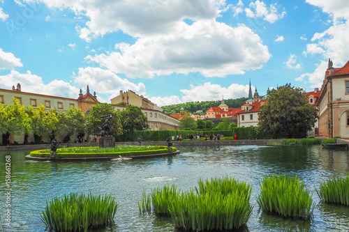A pond in the Wallenstein Garden in Prague with a marble fountain with statues of Hercules and the Naiads. photo