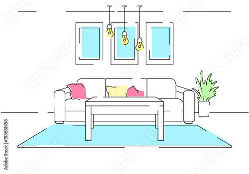 Linear sketch of the interior. Sofa, table, part of the room. Linear interior with colored elements. Vector illustration.