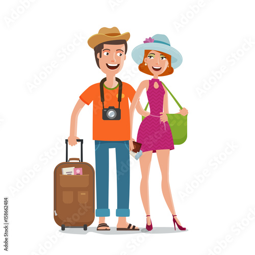 Travel, journey, honeymoon trip concept. People, couple goes on vacation with bags in hands. Cartoon vector illustration
