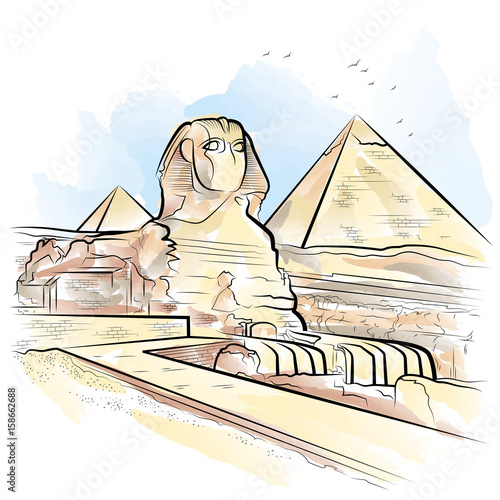 Drawing color pyramids and Sphinx in Giza, Egypt. Vector illustration