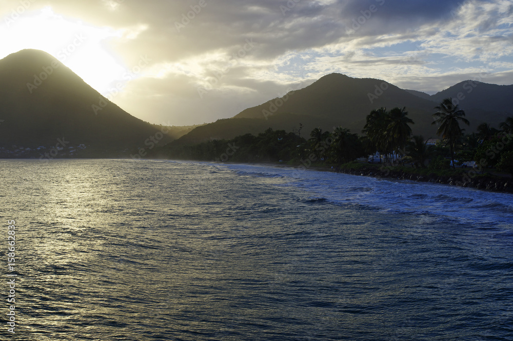 Sunset above La Diamond beach, Martinique Island, Lesser Antilles