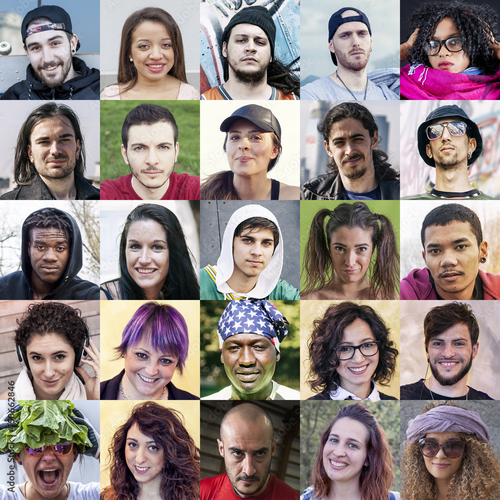 Composition of multiethnic portraits of young adults Composition of multiethnic portraits of young adults