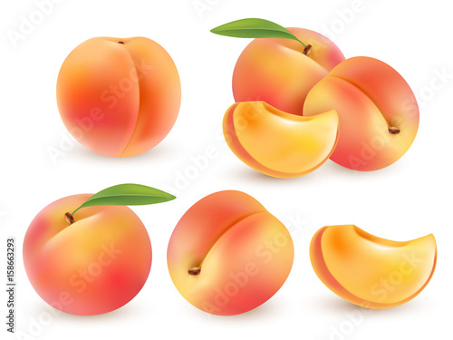 Peach. Sweet fruit. 3d vector set. Realistic illustration isolated photo