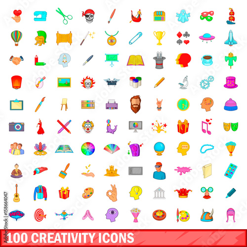 100 creativity icons set, cartoon style