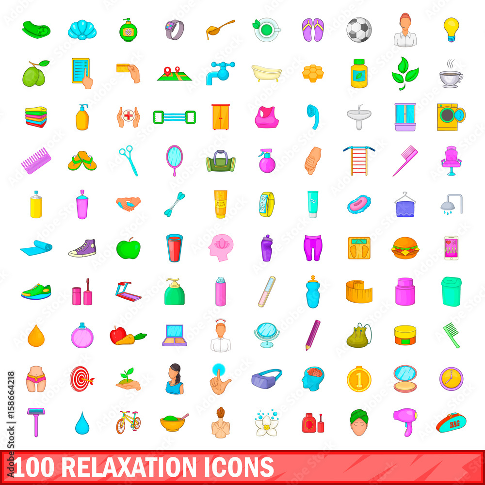 100 relaxation icons set, cartoon style 100 relaxation icons set, cartoon style