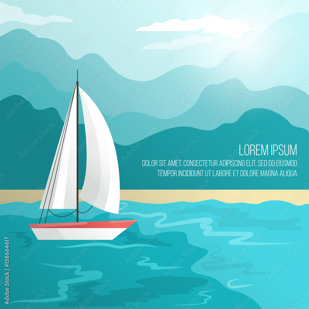 Fototapeta premium Boat on beach Vector illustration Sailing boat is sailing along the seashore