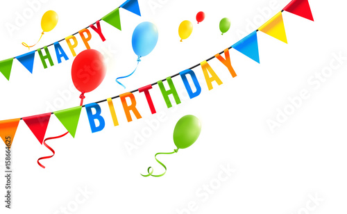 colorful ballons with pennant chain and typography  - Happy Birthday 
