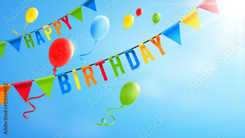 colorful ballons with pennant chain and typography in the sky - Happy Birthday