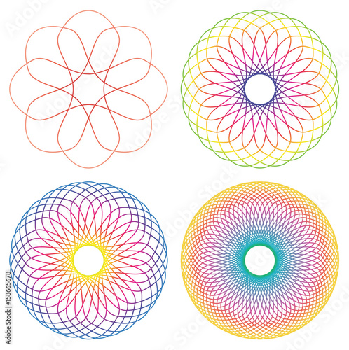 Collection of 4 rainbow colored line spirograph abstract elements - 4 different geometric ornaments flower like, symmetry, isolated on white photo