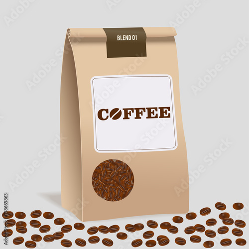 Brown paper food bag package of craft coffee. Realistic vector mockup template. Vector packaging design.