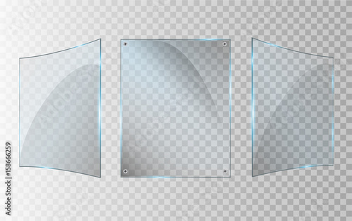 Glass plates set. Vector glass banners on transparent background.

