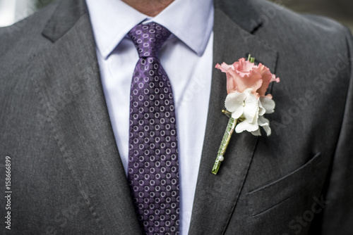 Pink rose boutonniere flower groom wedding coat with tie shirt