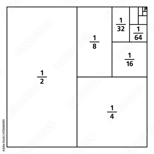 Unit fractions drawn as portions of a square. One divided by the first six powers of two. First six summands of infinite series 1/2, 1/3, 1/4, 1/8, 1/16, 1/64, ... Black and white illustration. Vector