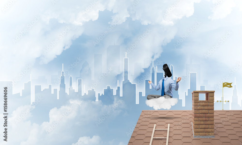 Concept of security and privacy protection with camera headed man meditating Concept of security and privacy protection with camera headed man meditating