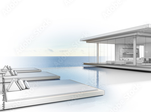 Luxury beach house with sea view swimming pool, Sketch design of modern vacation home for big family - 3d rendering © terng99