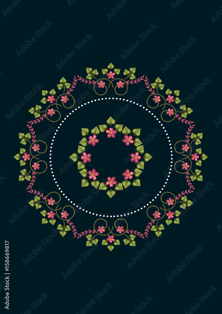 Pattern round frame for embroidery napkin with bouquet of pink flowers and leaves on black background
Pattern round frame for embroidery napkin with bouquet of pink flowers and leaves on black background
