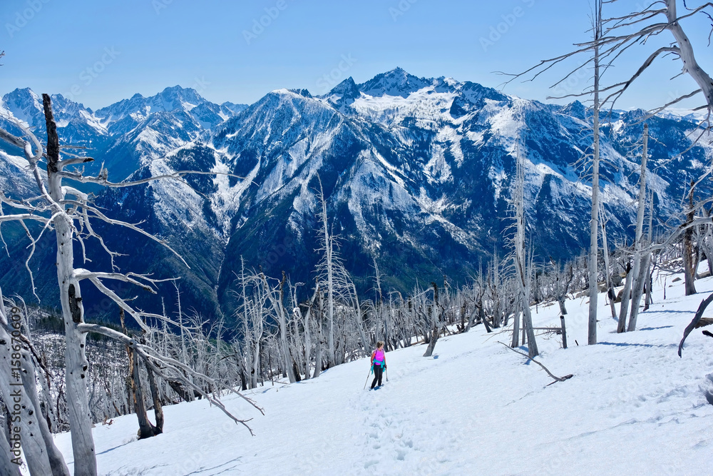 Woman walking up in mountains. Icicle Ridge in Central Cascade Mountains. Leavenworth. Seattle. Washington. United States. Woman walking up in mountains. Icicle Ridge in Central Cascade Mountains. Leavenworth. Seattle. Washington. United States.