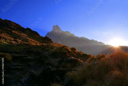 Sunrise in the Himalaya mountains. Machapuchare peak.