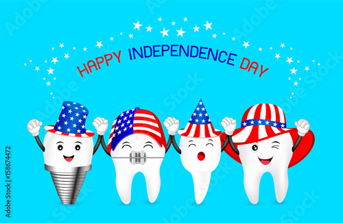 Cute cartoon tooth with American hat. concept for patriotism in America and celebration of independence day and the fourth of july for the United States. illustration.