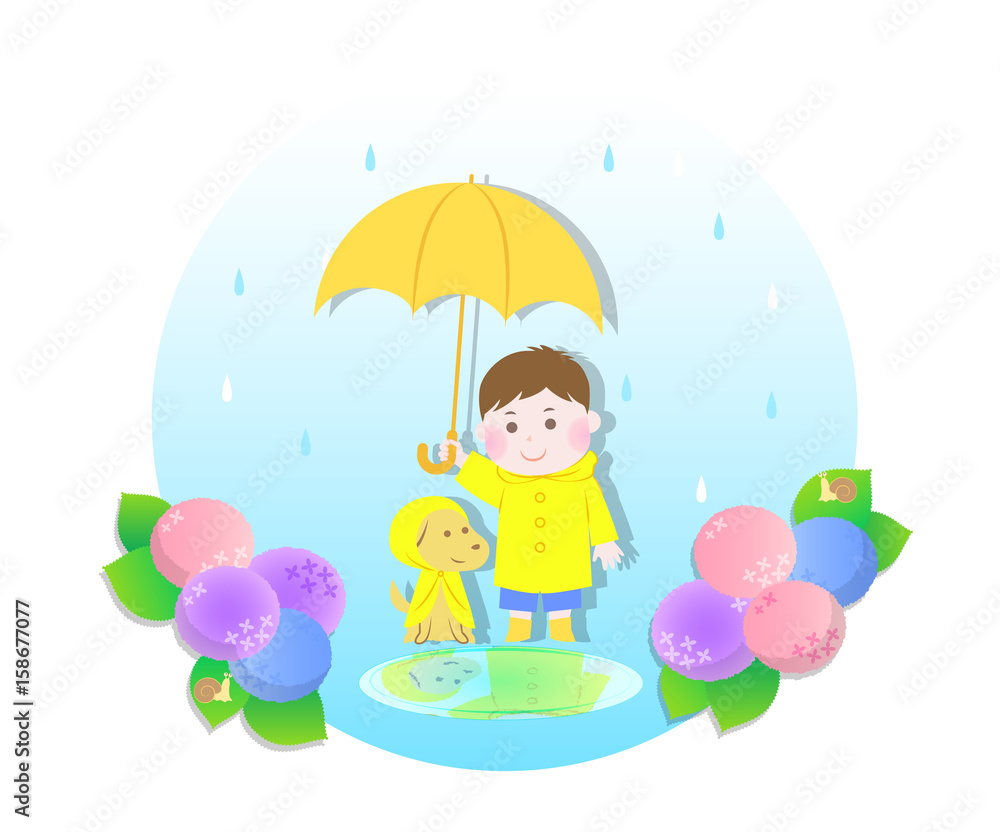 雨の日の男の子と犬のイラスト素材 雨の日の男の子と犬のイラスト素材