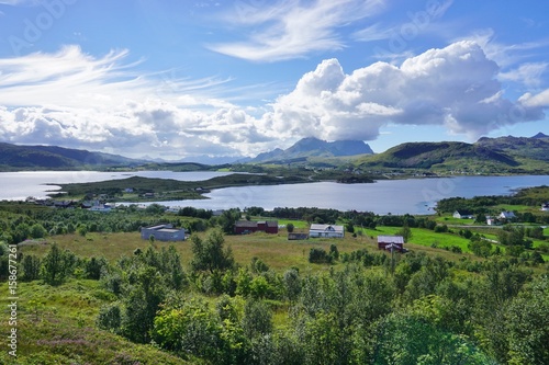 Typical Norwegian landscape over water in the Lofoten Islands