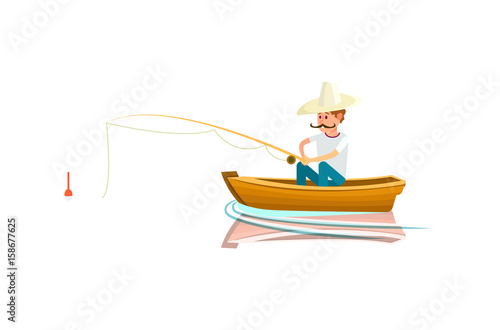 Fishing icon with fisherman in boat on lake. People outdoor activity vector illustration isolated on white background.