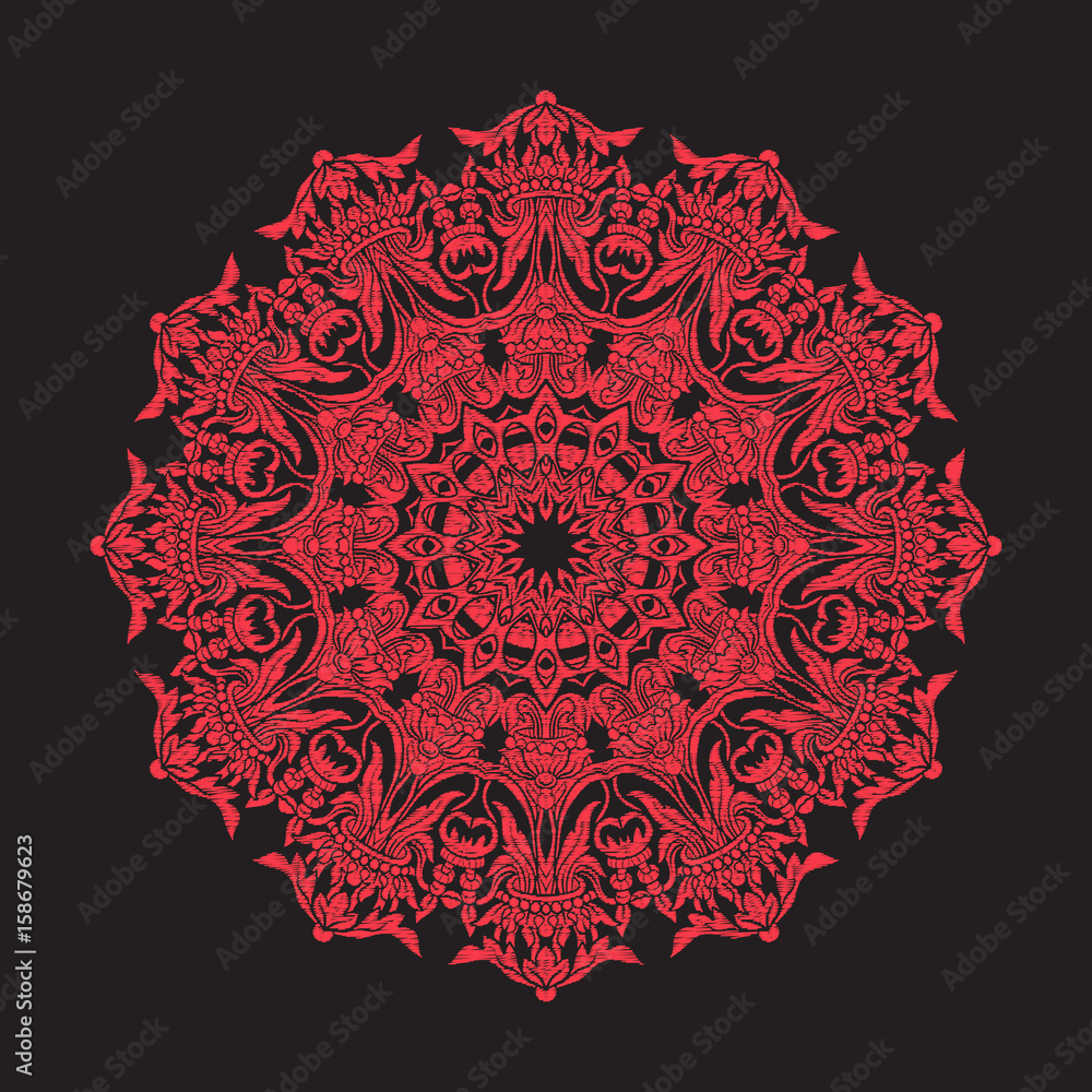 Embroidery mandala. In red on black background. Stock line vecto