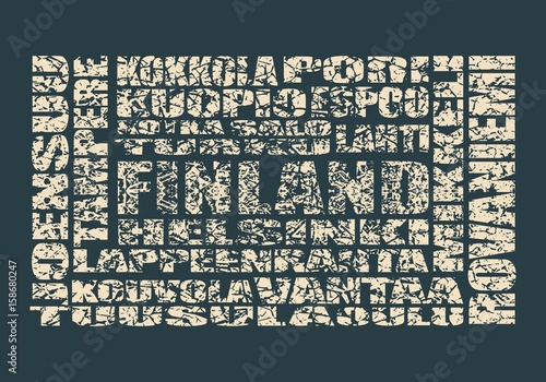 Finland cities list in words cloud. Multi color words on blue background. Grunge cracked texture