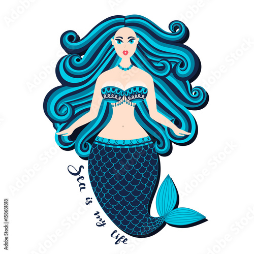 Mermaid. Hand drawn sea girl. Beautiful woman with tail. Marine summer design. Nixie with wild hair. Summertime. Nymph. Seamaid. Undine. Poster, invitation, card, cover, banner, Vector, eps10