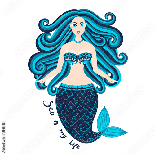 Mermaid. Hand drawn sea girl. Beautiful woman with tail. Marine summer design. Nixie with wild hair. Summertime. Nymph. Seamaid. Undine. Poster, invitation, card, cover, banner, Vector, eps10