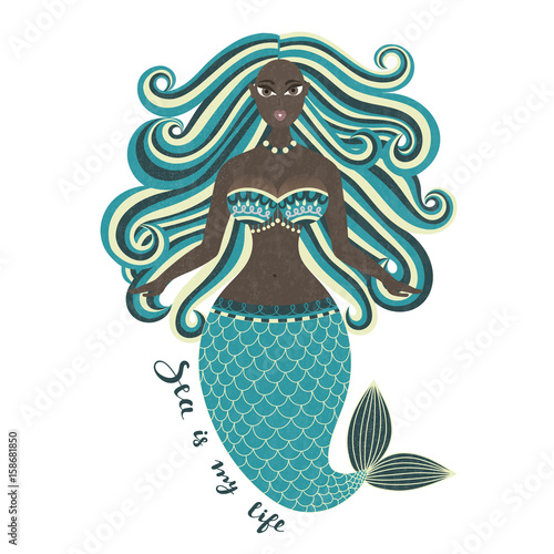 Mermaid. African American. Hand drawn sea girl.  Beautiful woman with tail. Marine summer design. Nixie with wild hair. Summertime. Poster, invitation, card, cover, banner. Vector, eps10