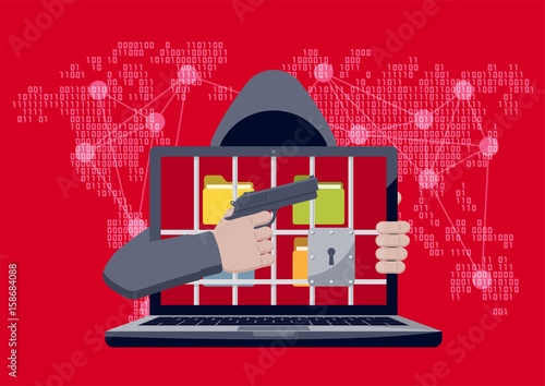 Anonymous hacker with hood pointing gun at locked laptop, with folders behind jail bars, as ransomware hostage on red binary code map background