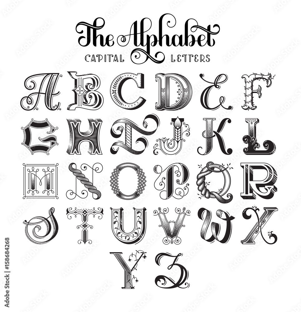 Retro decorative font. Original high-detalized alphabet. Capital letters.  EPS 10 vector. Stock Vector