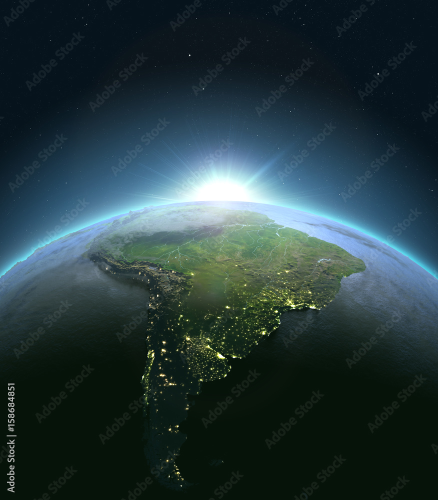 Fototapeta South America from space during sunrise