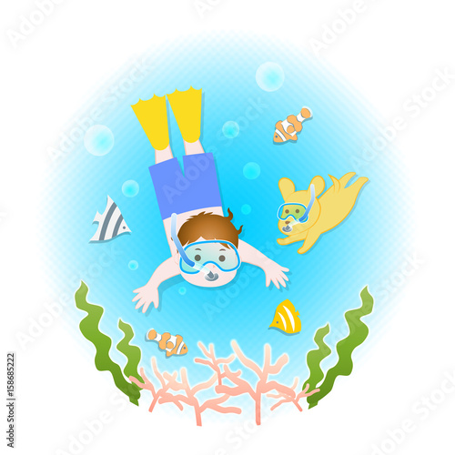 海に潜る男の子と犬のイラスト素材