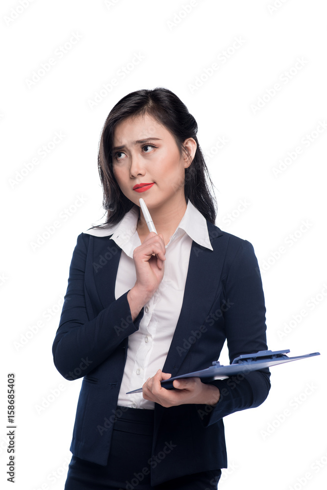 Portrait of an attractive young businesswoman with blue folder, isolated on white background Portrait of an attractive young businesswoman with blue folder, isolated on white background