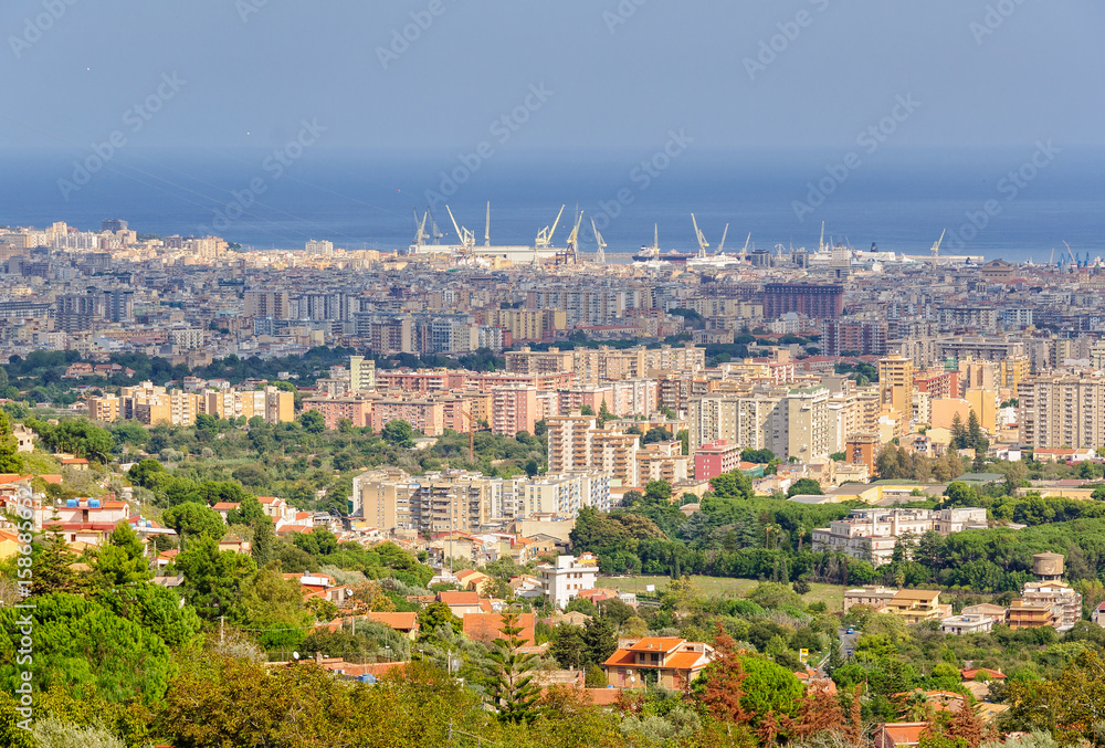 View of Palermo from Monreale with the cranes in the port in the horizon - Sicily, Italy