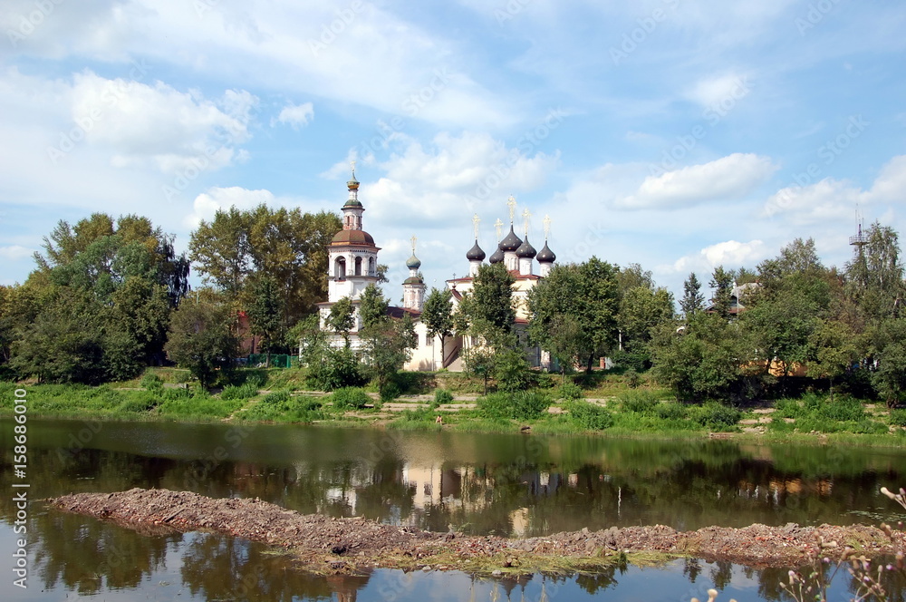 Vologda, Russia. View on church of Dimitry Prilutsky on the bank river 