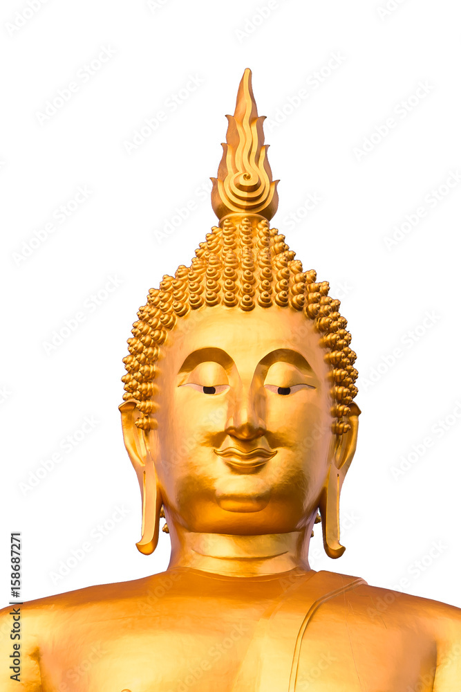 closeup Thailand golden buddha head smile isolated on white with path.