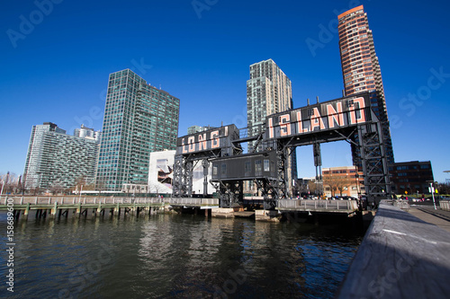 iconic gantries of Gantry State Park and buildings with blue sky