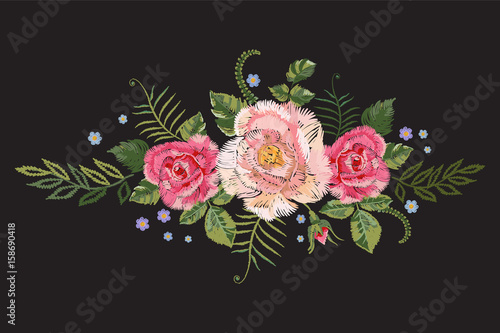 Embroidery traditional pattern with pink roses and forget me not blossom. Vector embroidered floral design with flowers for fashion wearing.