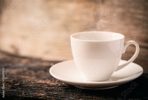 Hot Coffee, Espresso Coffee cup. White coffee cup on wood table.