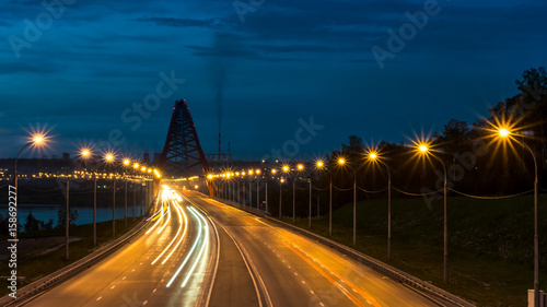 Night road in the city with car lights in Novosibirsk, Russia